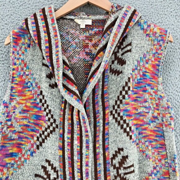 Entro Sweater Womens Medium Ivory Multi Cardigan Sleeveless Hooded Fringe Aztec - Picture 3 of 10